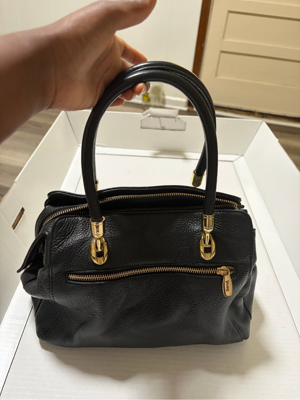 Valentina Black Leather Satchel with Gold Hardware